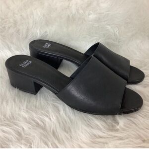 Eileen Fisher Black Leather Open-Toe Block Heel Slides